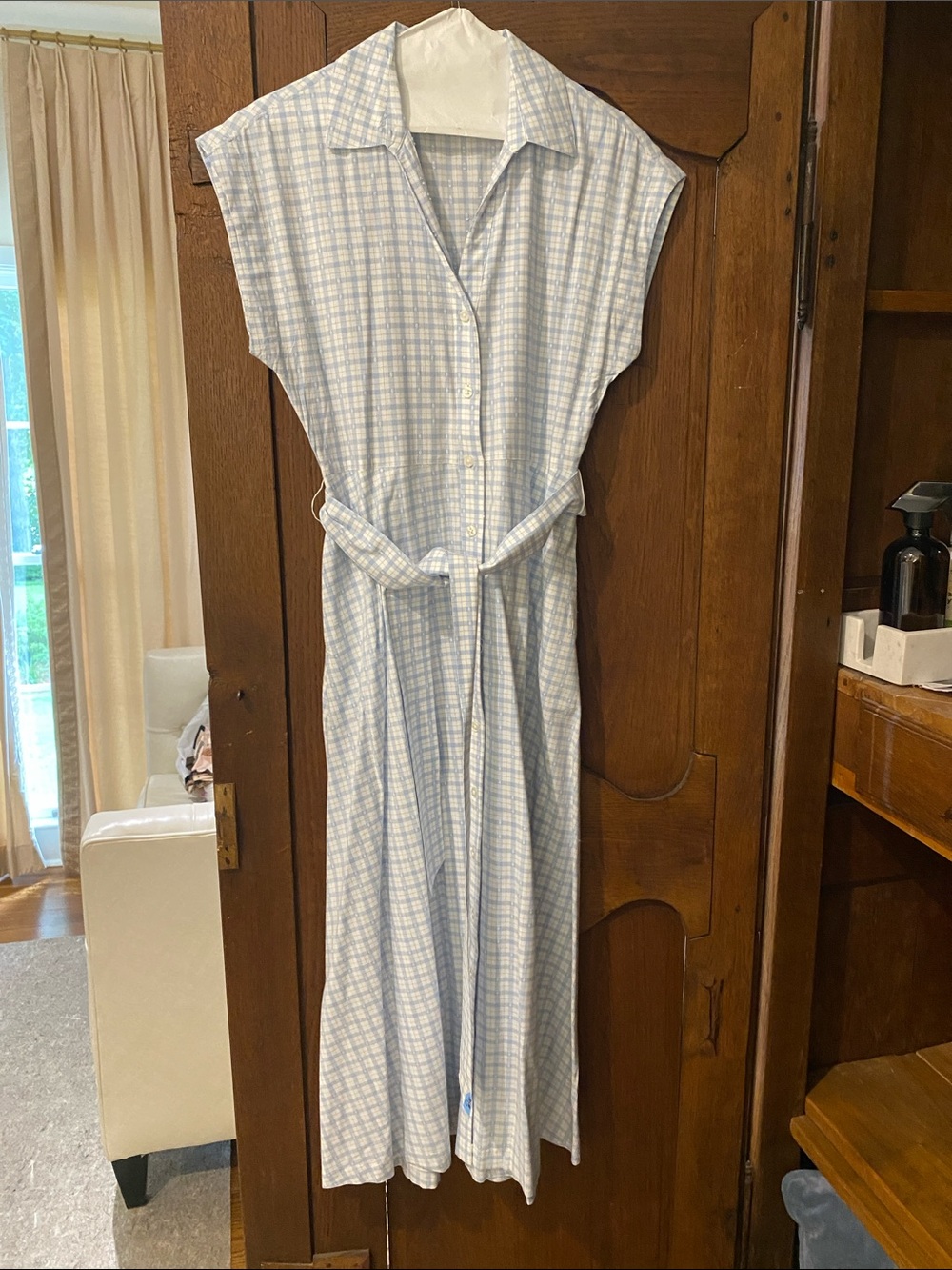 Draper James Light Blue and White Checked Button-Front Midi Dress